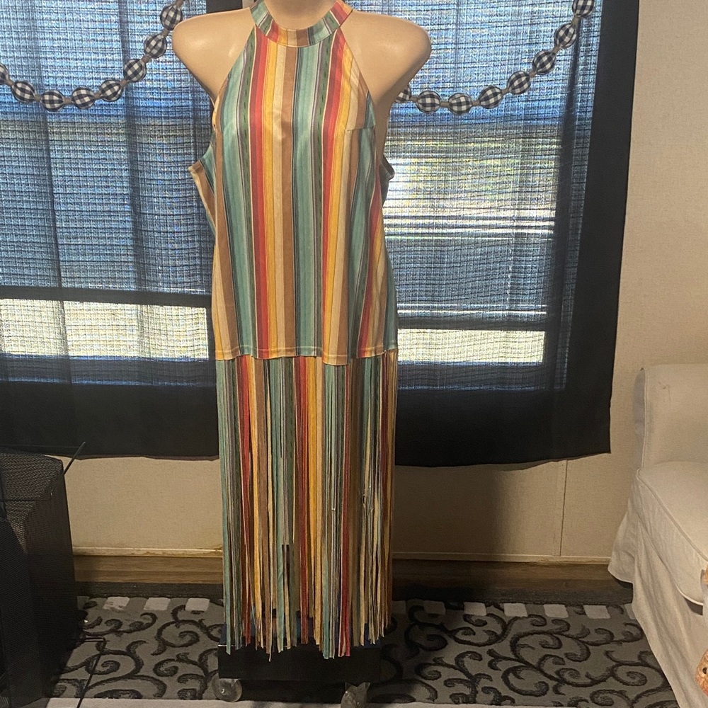 Vibrant Multicolor Striped Halter Maxi Dress